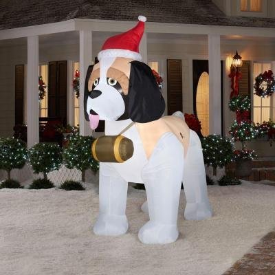 CHRISTMAS DECORATION LAWN YARD INFLATABLE SAINT BERNARD DOG WITH BARREL AND SANTA HAT 9′ TALL