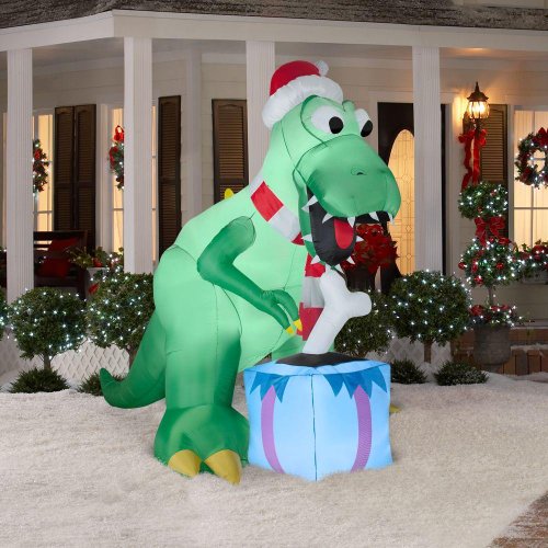 CHRISTMAS DECORATION LAWN YARD INFLATABLE T-REX DINOSAUR WITH SANTA HAT AND PRESENT 7′ TALL