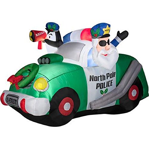 CHRISTMAS INFLATABLE 6 FT LONG SPEED TRAP POLICE SANTA & PENGUIN IN HOT ROD CRUISER